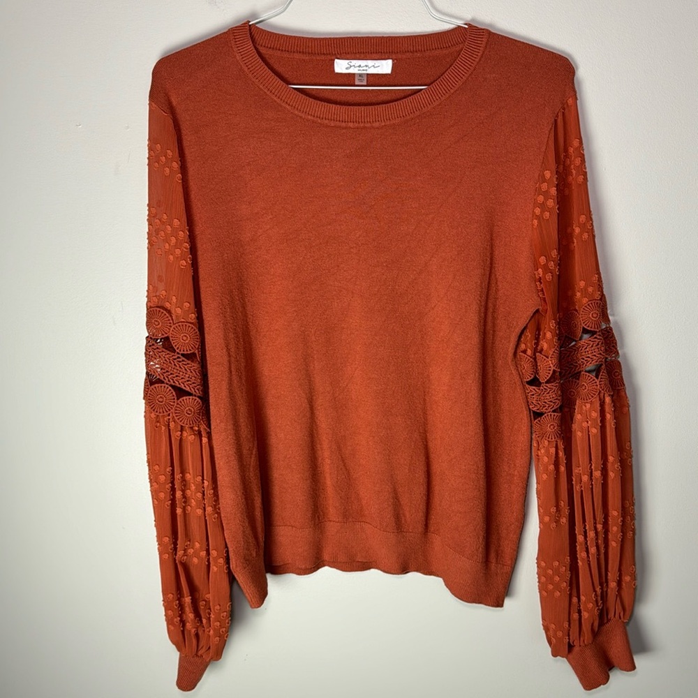 Sioni Burnt Orange Sweater with Lace Cut Out Sleeves XL